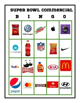 Super Bowl Commercial Bingo By FestivalsnFifth TPT