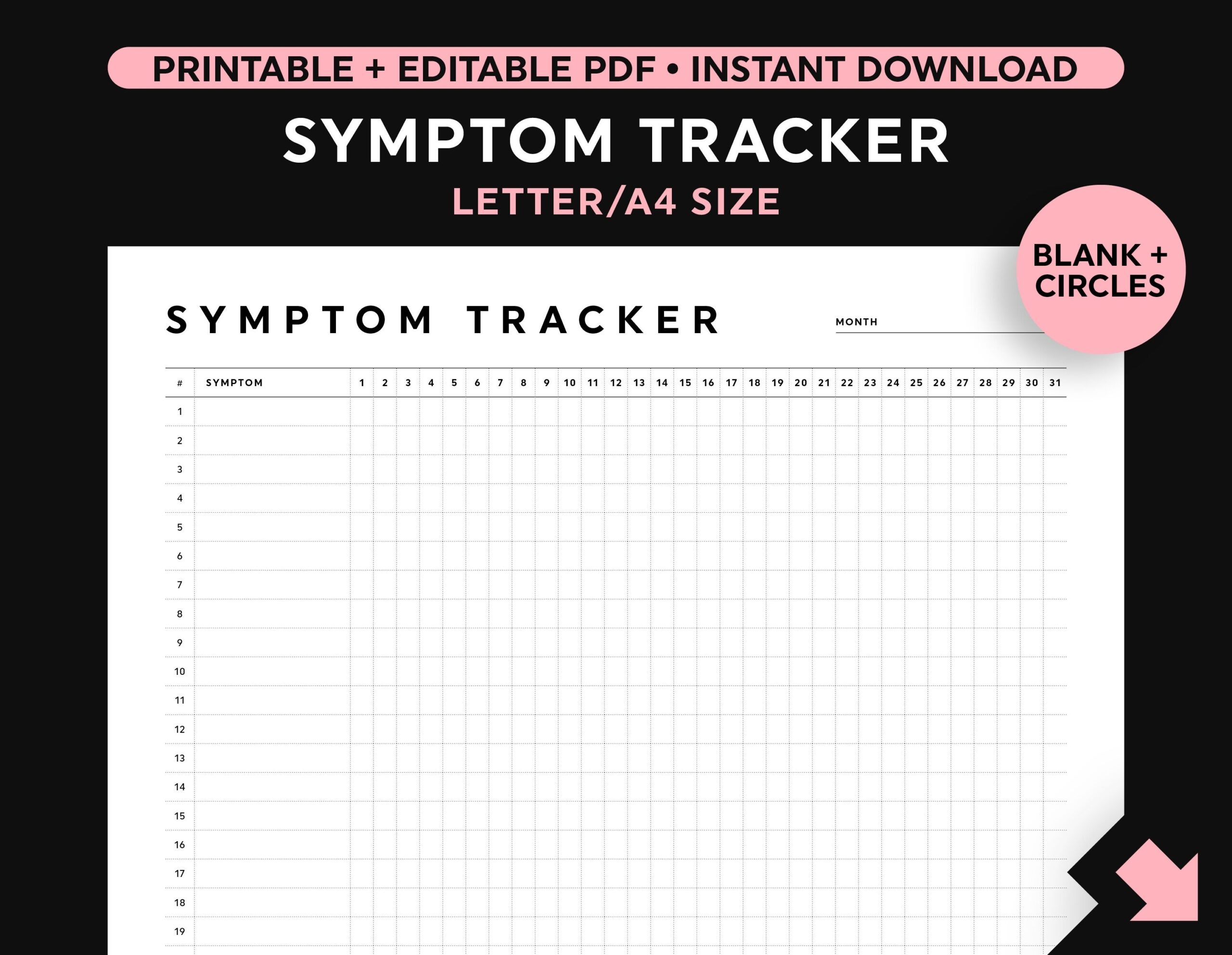Symptom Tracker Template Monthly Symptom Tracker Printable Chronic 
