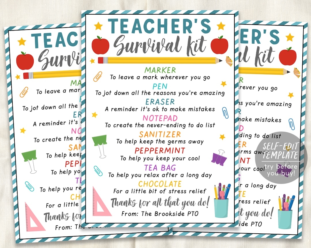 Teacher Survival Kit Editable Template Teacher Appreciation Week Thank 