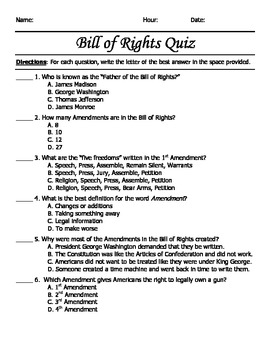 The Bill Of Rights Quiz By Keith Zoromski Teachers Pay Teachers