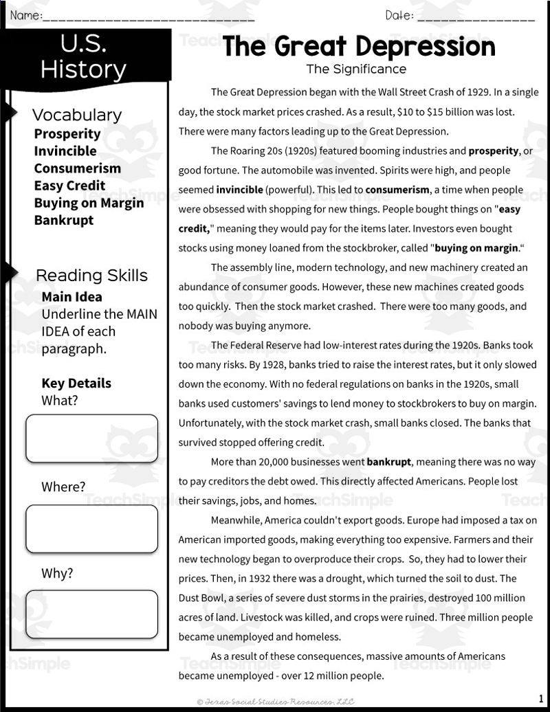 The Great Depression Worksheet For Kids