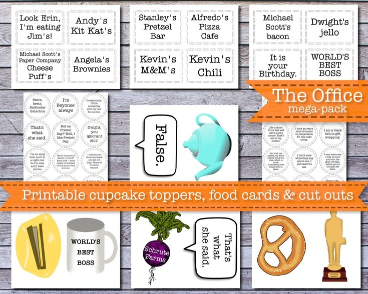 The Office Printable Cupcake Toppers Food Cards And Cut Outs Are Shown