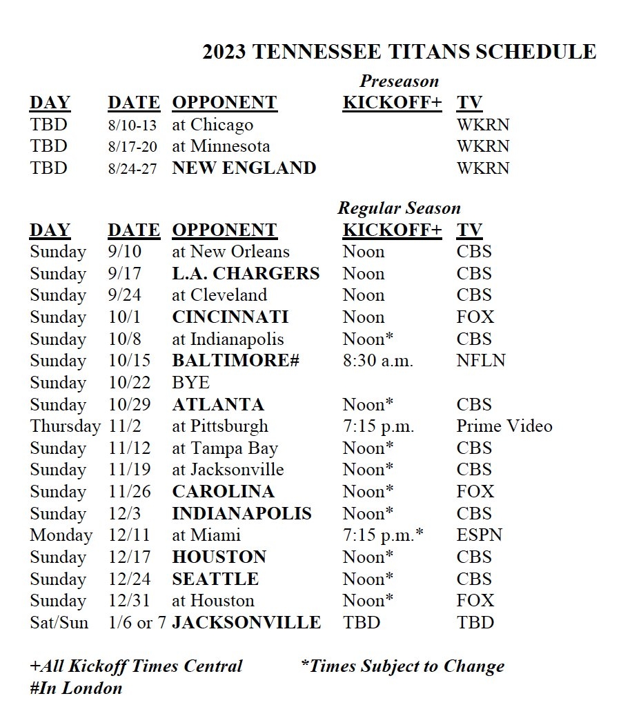 Titans Football Schedule 2025 Printable Tariq Willow