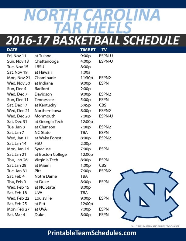 Unc Basketball Schedule 2025-26 Printable