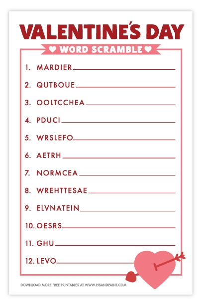 Valentine 39 s Day Word Scramble Free Printable Activity Pjs And Paint