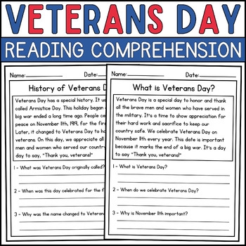 Veterans Day Reading Comprehension Printables Veterans Day Reading Comprehension Printables