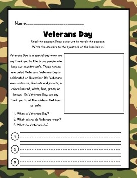 Veterans Day Reading Comprehension Worksheets TPT