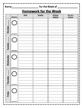 Weekly Homework Assignment Sheet By Casey Benjamin TpT