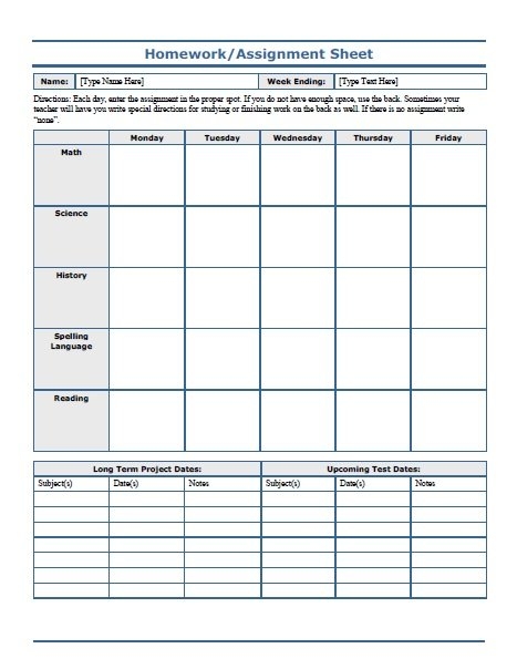 Weekly Homework Assignment Sheet Free Printable