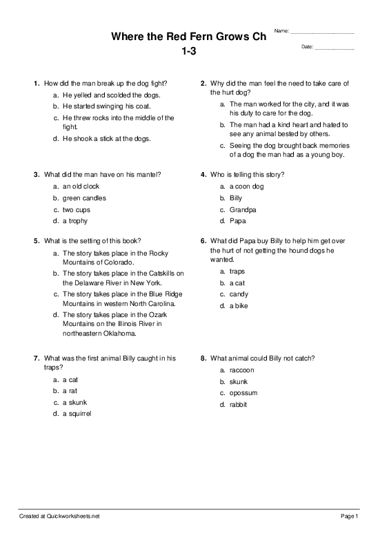 Where The Red Fern Grows Test Printable Free Printable Word Searches