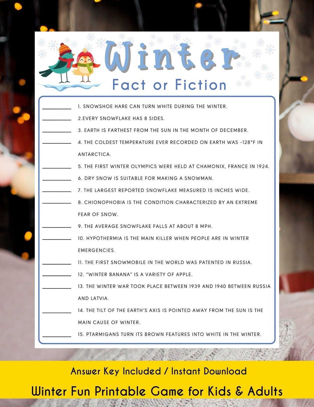 Winter Fact Or Fiction Printable Game Winter Office Party Game Winter 