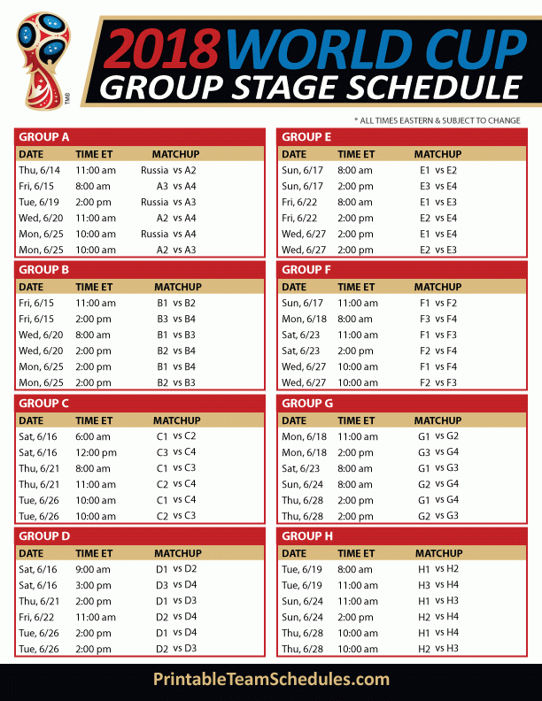 World Cup Tv Schedule Printable